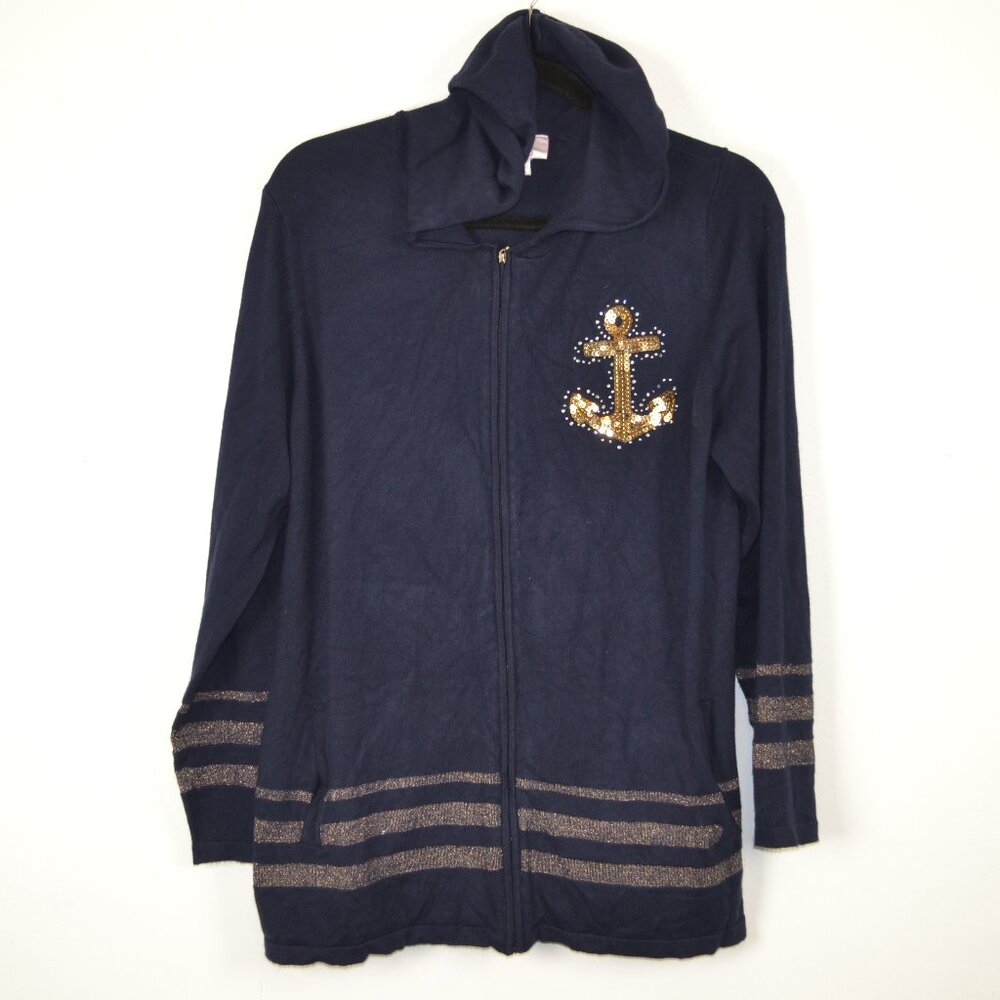Quacker Factory Womens L Sequin Anchor Logo Full Zip Hooded Knit Sweater Jacket